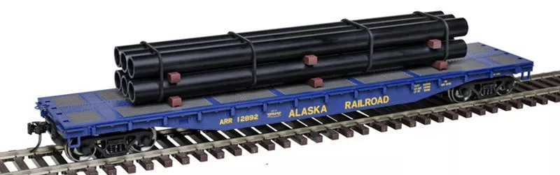 Atlas 3001880-2 ALASKA RAILROAD 52’6″ Flat Car with Load TRAINMAN Blue/Yellow #12892limited O Scale NEW