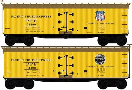Atlas Model Railroad 50005502 N Scale 40' Wood Reefer - Ready to Run - Master(R) -- Pacific Fruit Express 34484 (yellow, Boxcar Red, SP, UP Overland Logos)