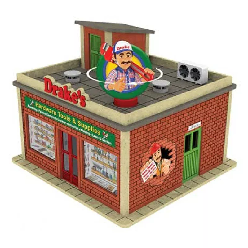 Bachmann 39123 O SCALE DRAKE'S HARDWARE STORE WITH LIGHT AND ROTATING SIGN KIT, O