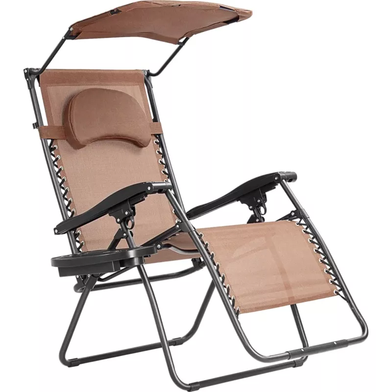 Costway Folding Recliner Lounge Beach Chair w/ Shade Canopy Cup Holder 19826035 New Brown