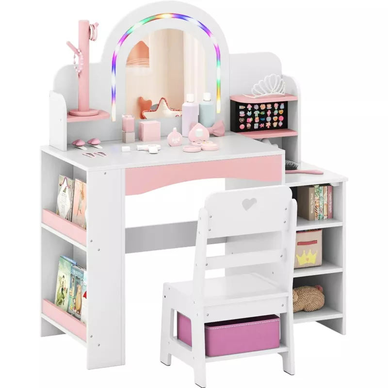 Costway Kids Princess Vanity Set w/ LED Lights & Chair 76083196 New White