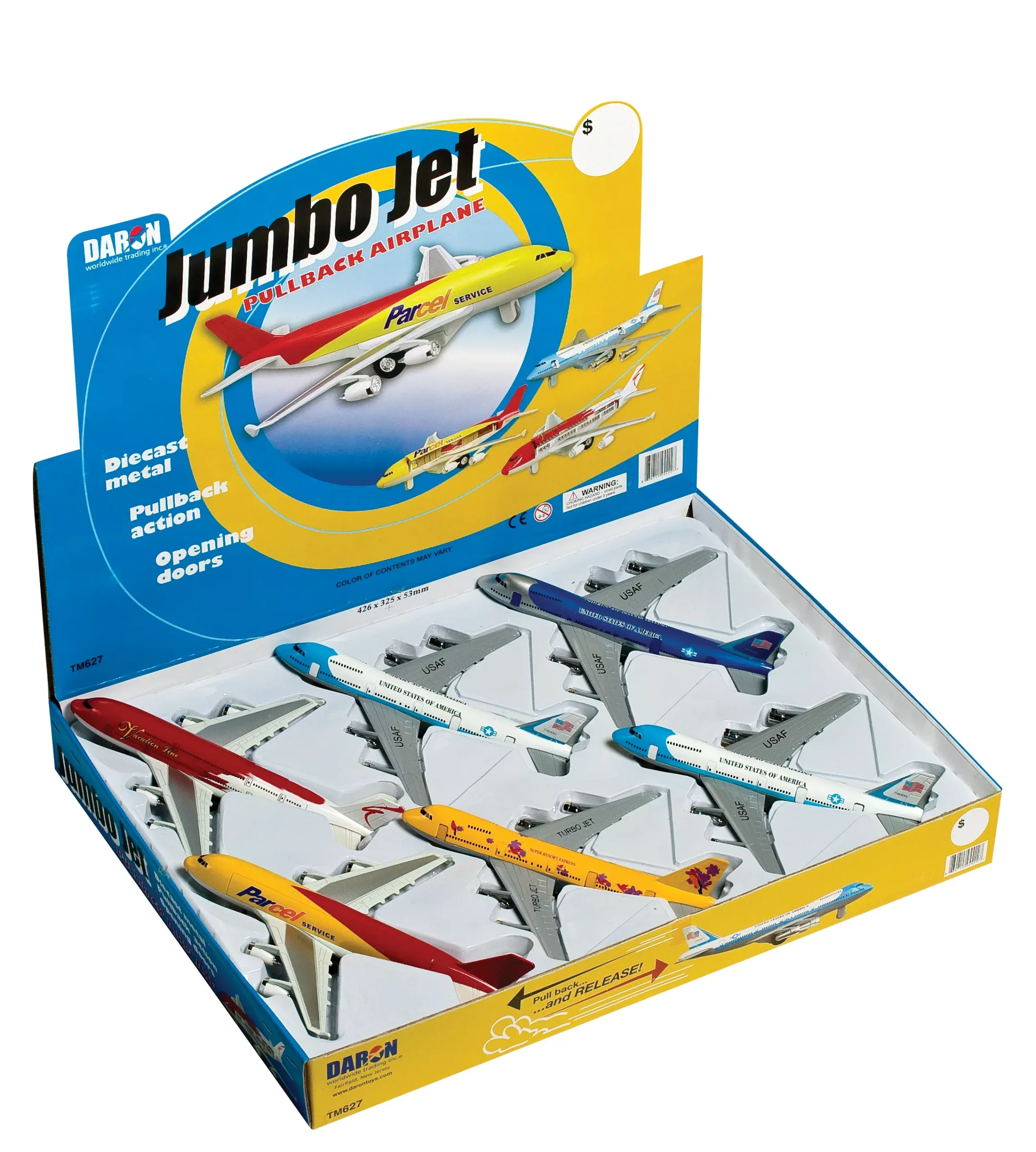 Daron Diecast Pullbacks TM627 Jumbo Jet Pullback Toy 6 Piece Assortment