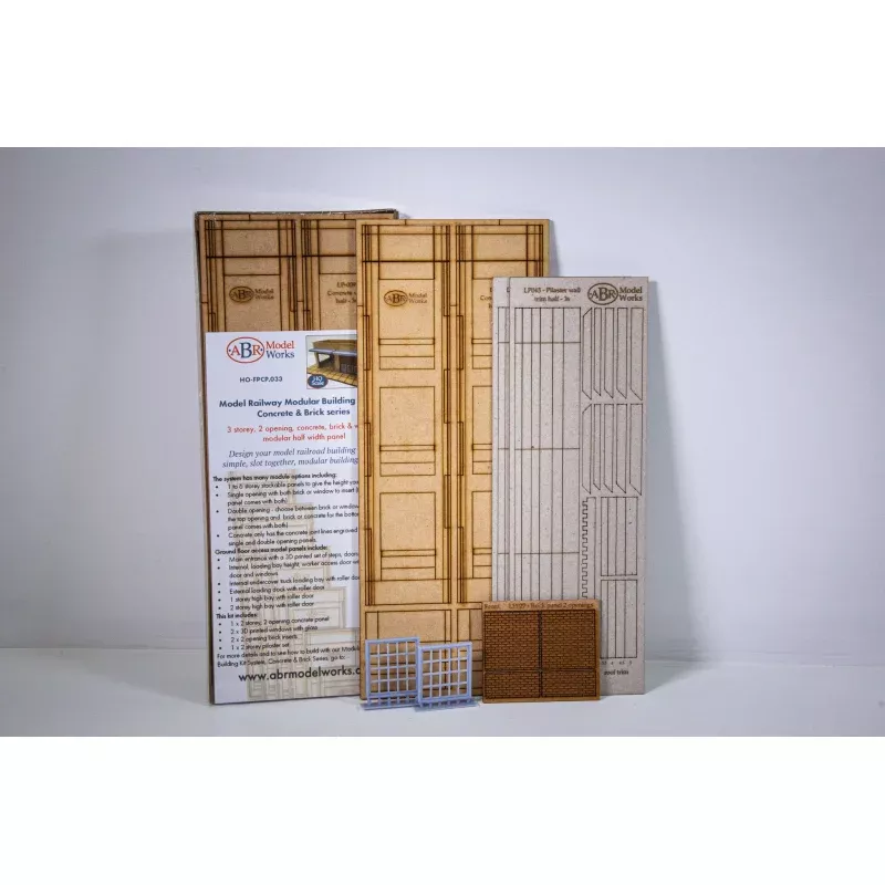 HO Scale - 3 storey, 2 opening, concrete, brick & window modular half width panel