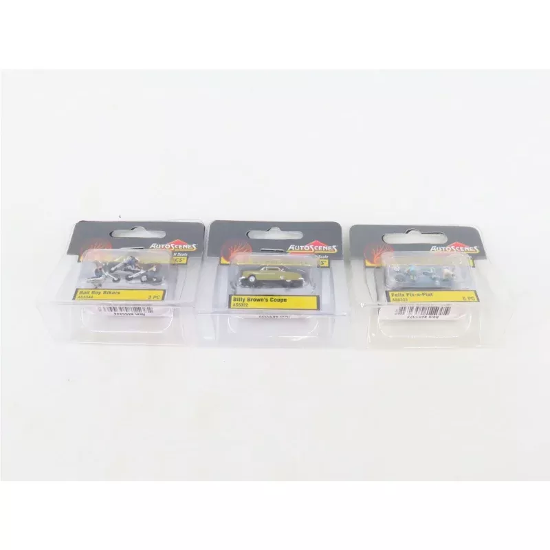 LOT of 3 N 1/160 Scale Woodland Scenics AutoScenes: Coupe, Fix-a-Flat, & Bikers