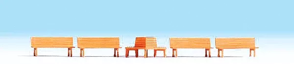 Noch 14851 Wood Board Benches -- 4 Benches, 1 Circular Bench HO Scale