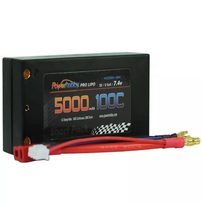 PHB2S5000100CSH2S 7.4V 5000MAH 100C Shorty Lipo Battery, w/ 4mm Bullet Connectors (Power Hobby)